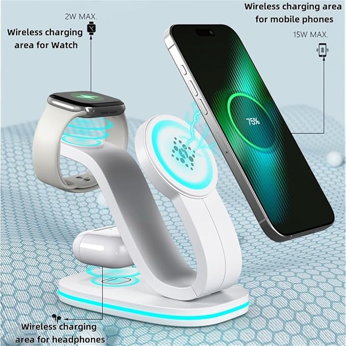 3 in 1 Wireless Charging Station for Apple/Huawei/Samsung Devices 15W Fast Wireless Charger with Blue RGB Light for iPhone 16/15/14/13/12 Apple Watch &amp Airpods Etc.Black