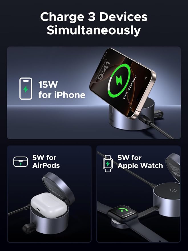 UGREEN Qi2 15W 3-in-1 MagSafe-Compatible Foldable Wireless Charging Station | Compact &amp Adjustable DesignCharging Stand for iPhone 17-12 series Apple Watch and AirPods Include 45W Charger