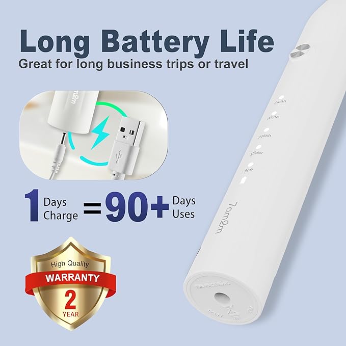7AM2M Sonic Electric Toothbrush for Adults and Kids, with 8 Brush Heads and Travel Case,5 Modes with 2 Minutes Built in Smart Timer, One Charge Use for 90 Days, Rechargeable Toothbrushes(White)