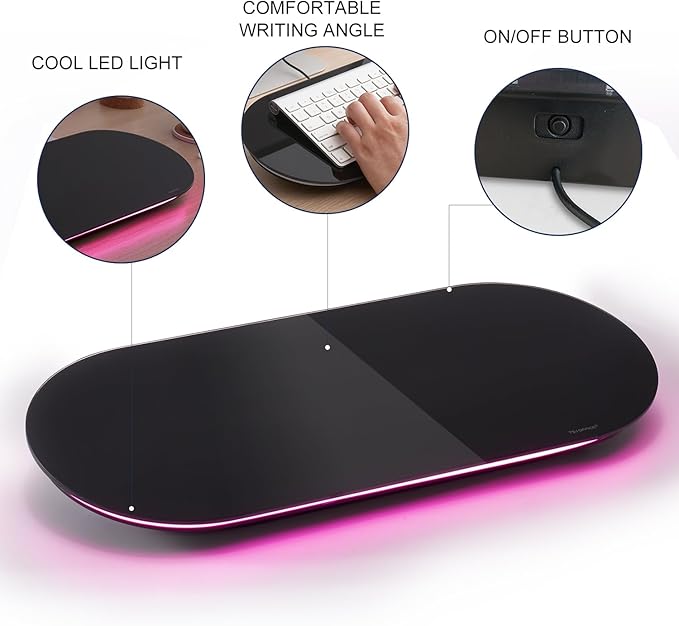 TSJ OFFICE Glass Desktop Whiteboard - 17 X 7 Inches Small Dry Erase Board with Pink Light, Black Glass White Board Surface Notepad with 1 Drawer, Desk Organizers for Office, Home, School Supplies