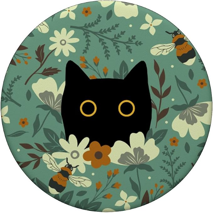 Black Cat Hiding in Garden Flowers with Bees Cute Floral PopSockets PopWallet for MagSafe