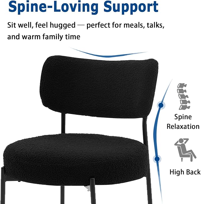 Black Boucle Dining Chairs Set of 4, Upholstered Dinner Chair with Metal Frame, Dining Room Chairs with Padded Seat, Round Modern Seating for Living Room