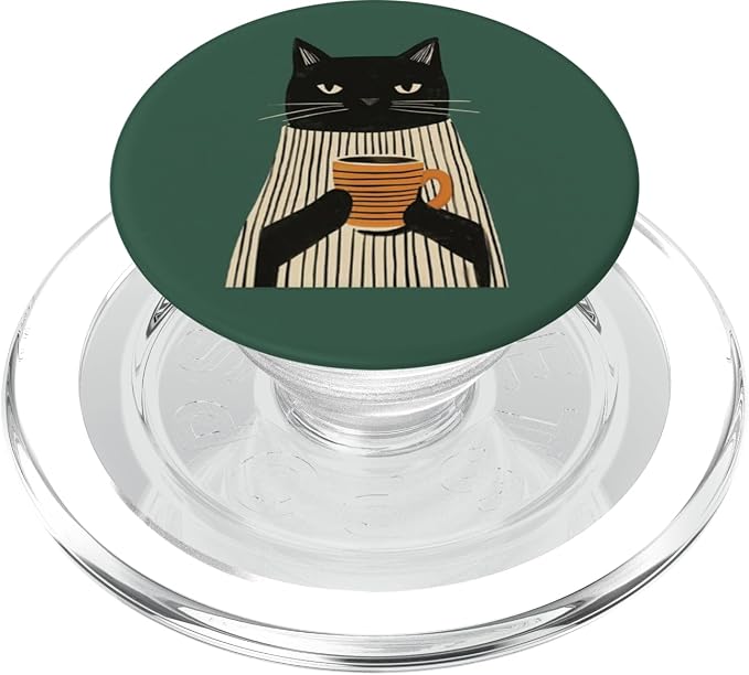 Black Cat Holding Coffee Cup Illustration PopSockets Adhesive PopGrip