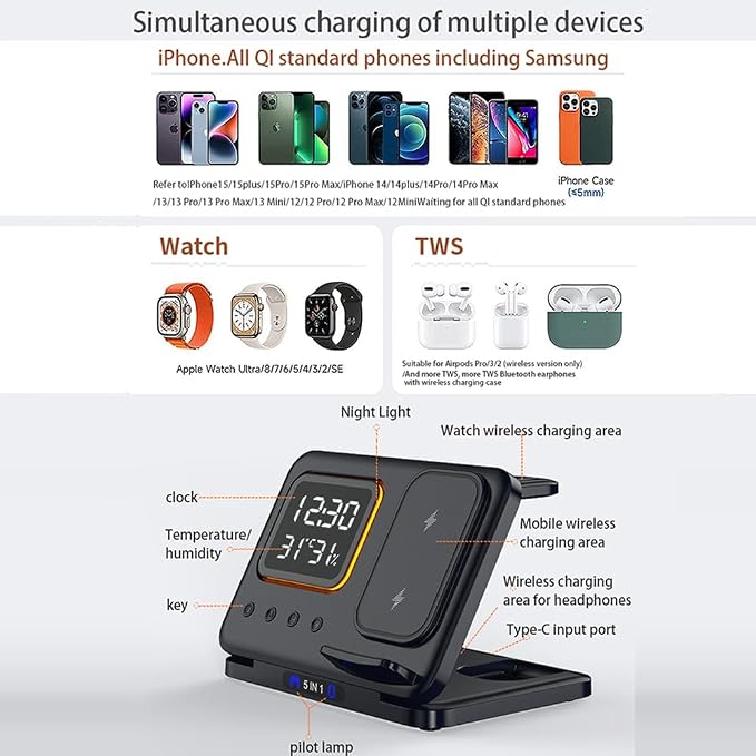 IHAO 3in1 Multifunctional Foldable Wireless Charging Station with LED Ambient Night Light Fast QC3.0 Charger for Phone iWatch Headphone Space-Saving Auto-Shutoff &amp Overcharge Protection-Black