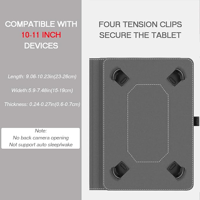 Junfire Universal 10.1 Inch Tablet Cover with Stylus Holder-Grey | Leather Folio Cover for Android/iOS/Windows Stand Hand Strap Pocket