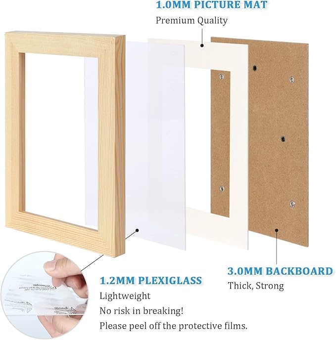 Egofine 6x8 Picture Frame Made of Solid Wood with Plexiglass, Display Pictures 4x6 with Mat or 6x8 Without Mat, for Table Top and Wall Mounting Photo Frame, Natural Wood