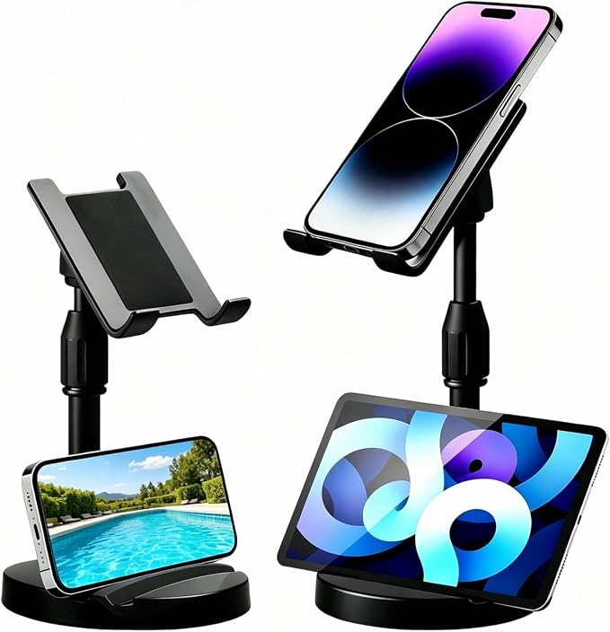 Adjustable Height Phone and Tablet Stand Dual Device Holder with 360° Rotation Sturdy Non-Sturdy Non-Slip Base with Card Slot for Livestream Watching Videos Work Gaming