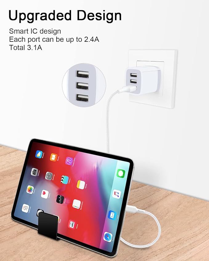 Wall Charger AILKIN 3.1A MultiPort Fast Charger Plug Travel Home Power Adapter Quick Charging Block Base Boxed for iPhone 15 14 13 12 11 10 8 7 Pro Max Mini Samsung Galaxy Pixel Kindle USB Brick