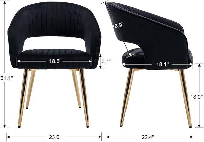 Modern Velvet Dining Chairs Set of 2, Upholstered Gold Dining Room Chairs with Hollow Back, Accent Armrest Kitchen Chairs with Gold Legs for Living Room Reception Black