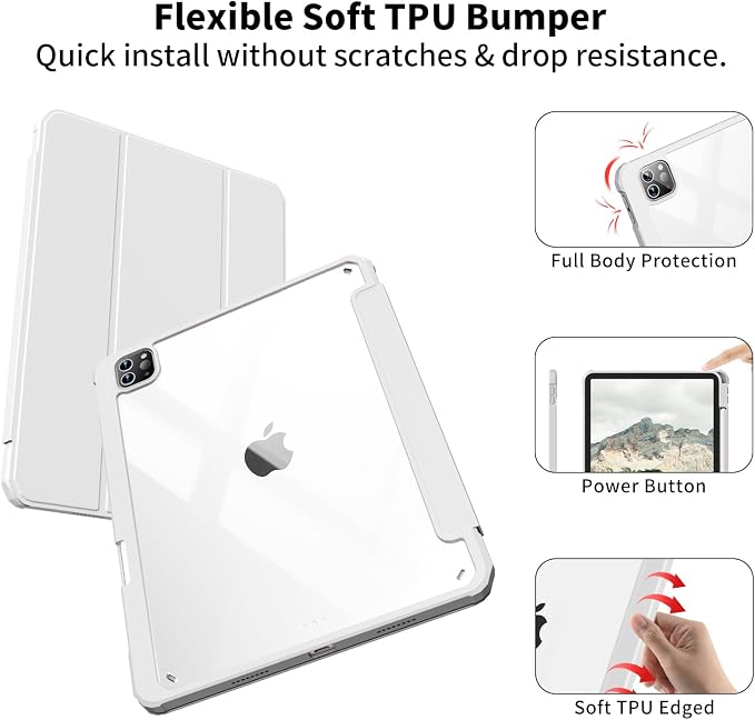 Clear Case for iPad Pro 12.9 inch 6th/5th/4th/3rd Gen 2022/2021/2020/2018 with Pencil Holder Lightweight Shockproof Trifold Stand Transparent Acrylic Back Cover Auto Wake/Sleep Black