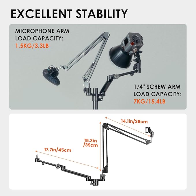TARION Modular Desktop Arm Set - 18"/45 cm Adjustable Arm with Spigot Mount for COB Lights + 29.4"/75 cm (Max) Mic Boom Stand for Microphone Compatible with 35 mm Rods - Titanrig Arm Y
