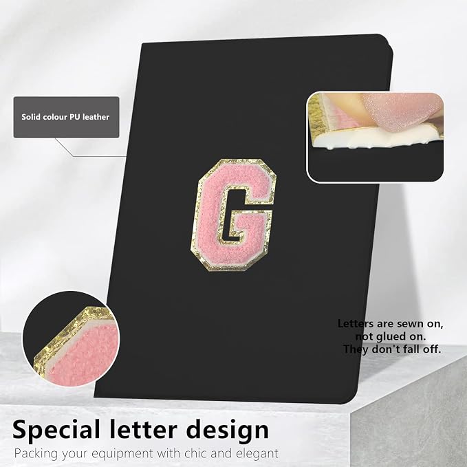 for iPad 9th Generation 10.2 Inch 2021/2020/2019 Case Initial Chenille Letter Suture Personalized for iPad 9th/8th/7th Generation Case with Auto Sleep/Wake Pencil Holder (Black A)