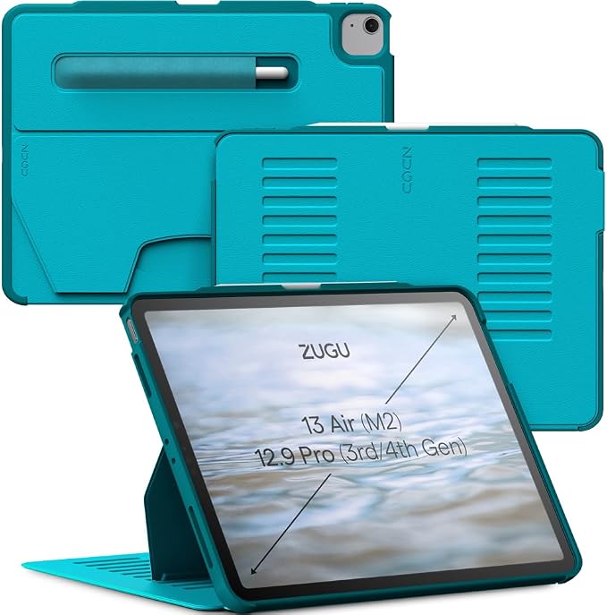 ZUGU Case for iPad Air 13 inch (M2/M3/M4) iPad Pro 12.9 Gen 3/4 [Aqua] | Ultra Slim Protective Cover Apple Pencil Holder w/Charging Convenient 10-Angle Magnetic Stand Auto Sleep/Wake Function