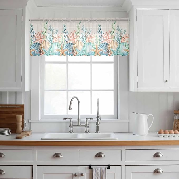 Summer Beach Sheer Valance Curtains, Ocean Colorful Coral Shell Seaweed