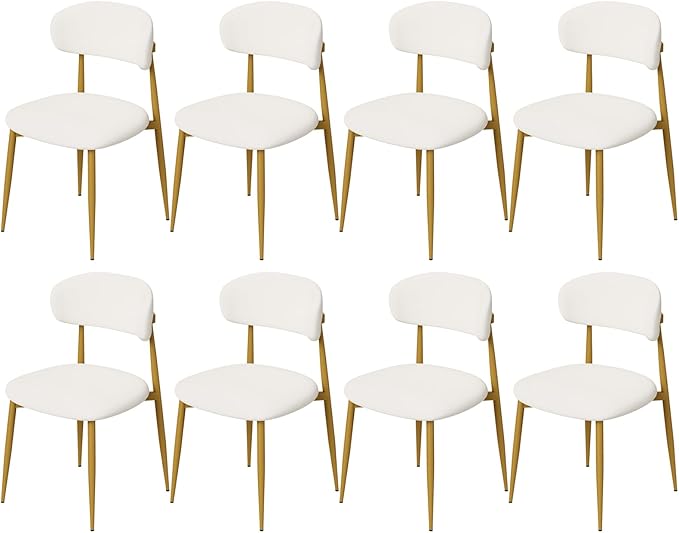 Velvet Dining Chairs Set of 8, Modern Kitchen Chairs with Curved backrests and Metal Legs, Upholstered Dining Chairs for Dining Room,White and Gold