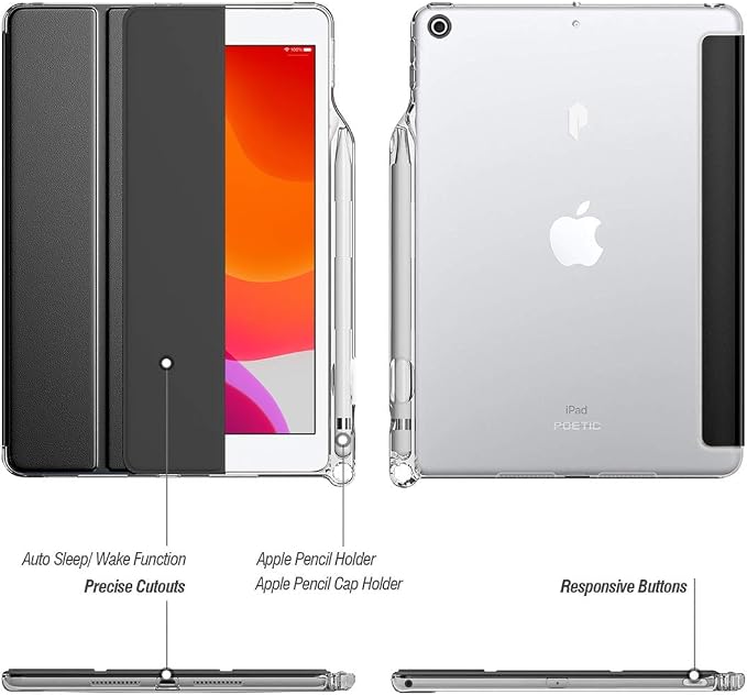 Poetic Lumos X Case Designed for iPad 10.2 9th Generation (2021) / 8th Gen (2020) /7th Gen (2019) Case Smart Cover with Pencil Holder Flexible Back Clear TPU Slim Fit Trifold Folio Black