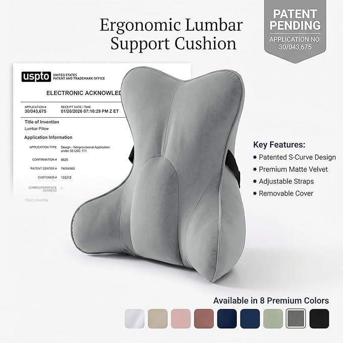 Lumbar Support Pillow(Pat. Pend) – Multi-Functional Ergonomic Back Cushion for Office Chair, Car Seat & Sofa, Reading Pillow with Firm Multi-Zone Support to Relieve Lower Back Pain,Zinc Gray