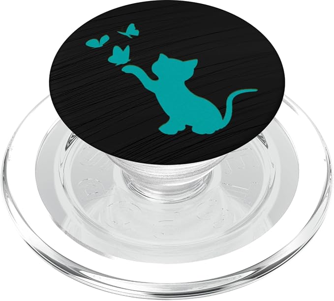 Teal Cat with butterfly on Black Pattern PopSockets Adhesive PopGrip