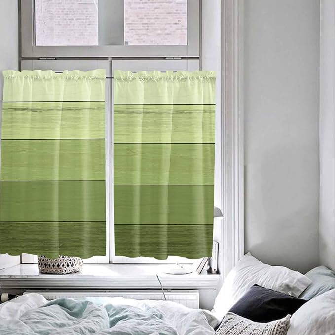 Gradient Green Wooden Board Window Valance Curtains, Retro Country Wood Grain