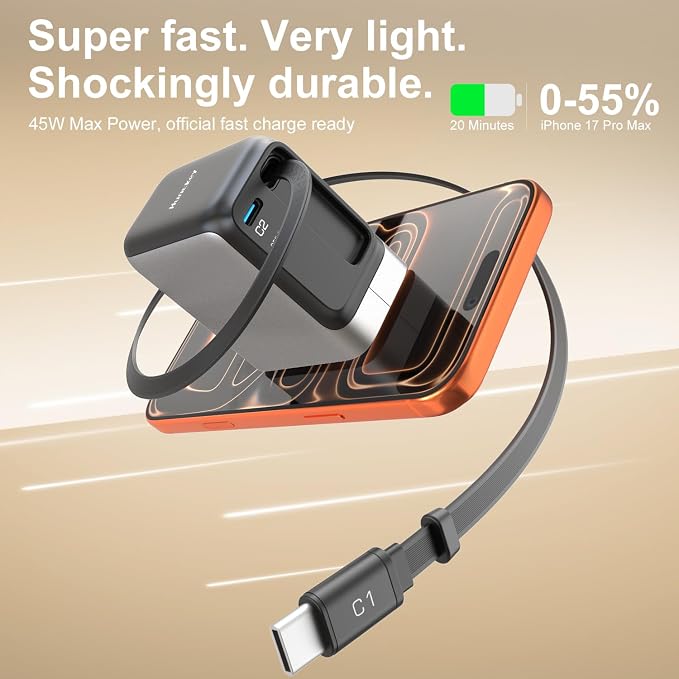 Retractable Charger 45W USB-C Charger GaN Fast Charger with 2.26ft Retractable Cable for iPhone 17/16/15/14/13 Series Galaxy S26/S25/24 Ultra Pixel iPad Space Silver