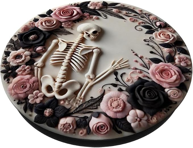 Whimsigoth Skeleton Pink Black Floral Skull Roses Halloween PopSockets Standard PopGrip