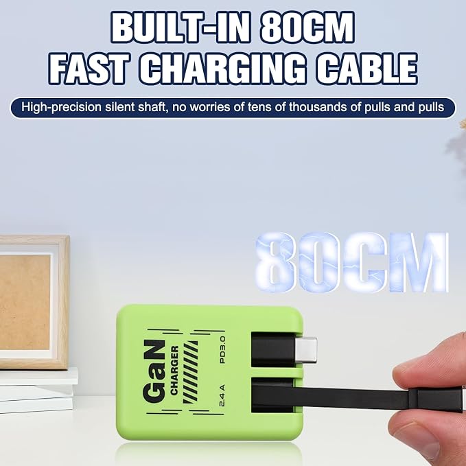 2-in-1 GaN Charger Fast Charging with Lightning and Type-C Cables Black | Retractable Phone Chargers Foldable fast charger Compatible with iPhone&ampMost Android