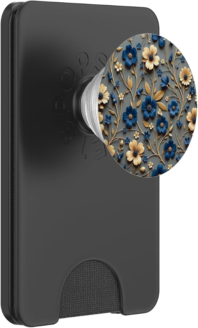 Beige and Blue Floral Print with Leaves Design PopSockets Adhesive PopGrip