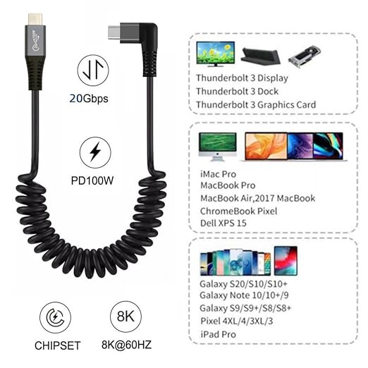 chenyang USB C to C Coiled Cable USB 3.2 Type C 90 Degree UP Angled 20Gbps PD 100W 8K@60Hz Data Fast Charging Cable 6ft