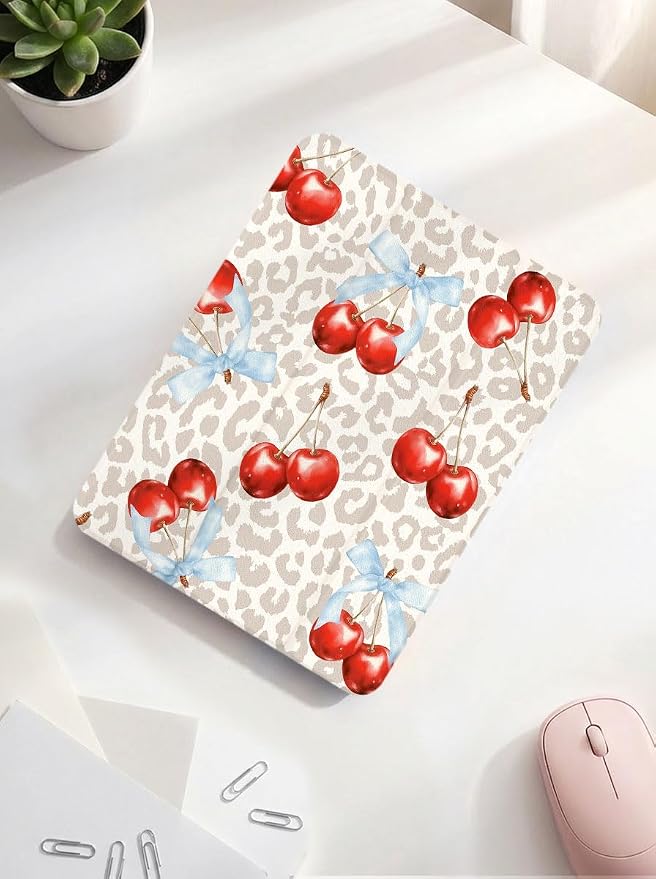 Case for iPad 9th/ 8th/ 7th Generation Case 10.2&amp10.5 Inch (2021/2020/2019 Release) Slim Lightweight Soft Trifold Back Cover with Pencil Holder &amp Auto Sleep/Wake Cover Cherries Cheetah Bows