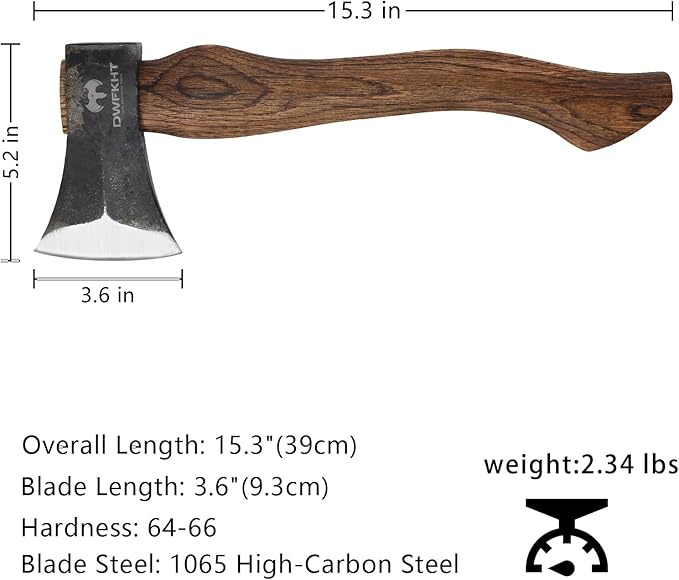15.3" Hatchet, Splitting Axe with 1065 High Carbon Steel, Camping Hatchet with Beech Wooden Handle and Leather Sheath, Chopping Axe for Wood Splitting and Kindling