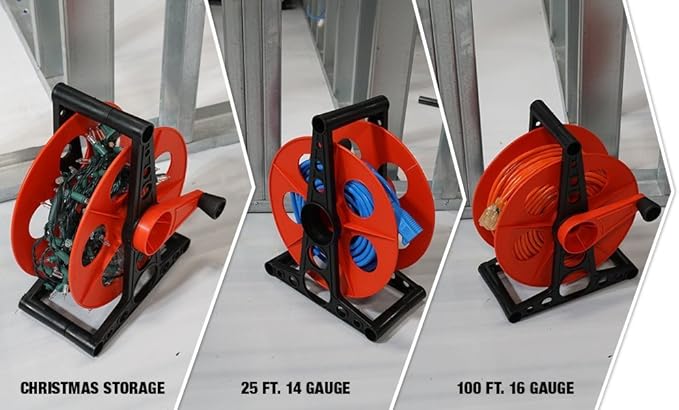 Woods Extension Cord Storage Reel - Holds Up to 150 Feet-of 16/3 or 125 Feet-of 14/3 Gauge Cord - Tangle-Free Design for Indoor or Outdoor Use - Side-Mounted Crank - Red & Black,(Pack of 4)
