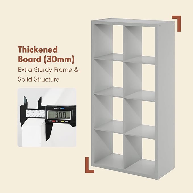 Furinno Cubicle Record Player Stand with Vinyl Storage, 8-Cube 1.2 Extra Thick Vinyl Record Storage, Open Back Media Shelf for CD DVD Blueray Game Disc, for Living Room, Home Office, Light Grey