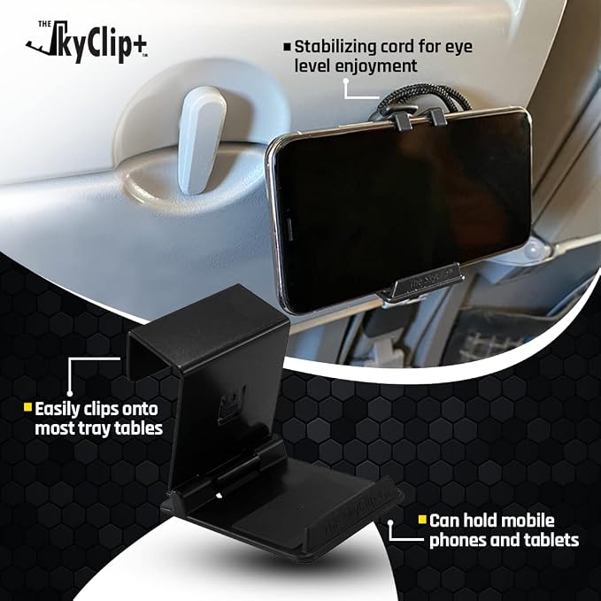 The SkyClip+ Phone &amp Tablet Holder for Air Travel Home and Office Use - Inflight Phone Mount &amp Stand Compatible with iPhone Android Kindle and Tablets - Ultimate Travel Accessory (Black)