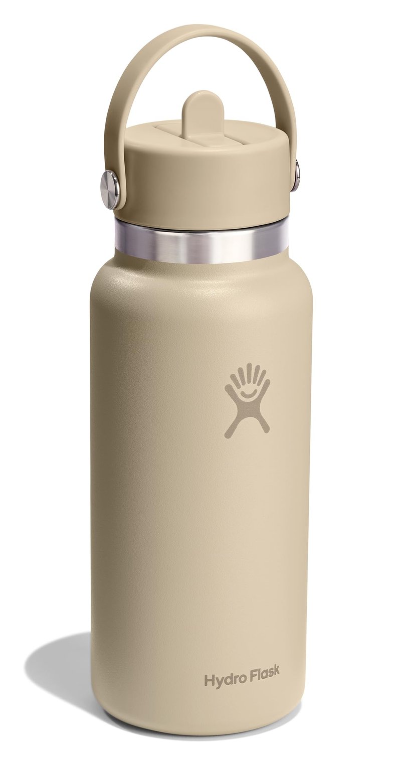 Hydro Flask Water Bottle - Insulated Stainless Steel - Wide Mouth Flex Straw Lid, Non Spill, Leakproof and Refillable in 32 Oz Tonal Oat