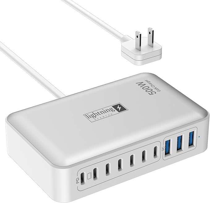 8-Port Multi Charging Stations 200W with Flat Plug Braided Power Cord and On/Off Switch- USB Charging Hub for iPhone iPad MacBook and More- 65W C Port Power Adapter for Laptops