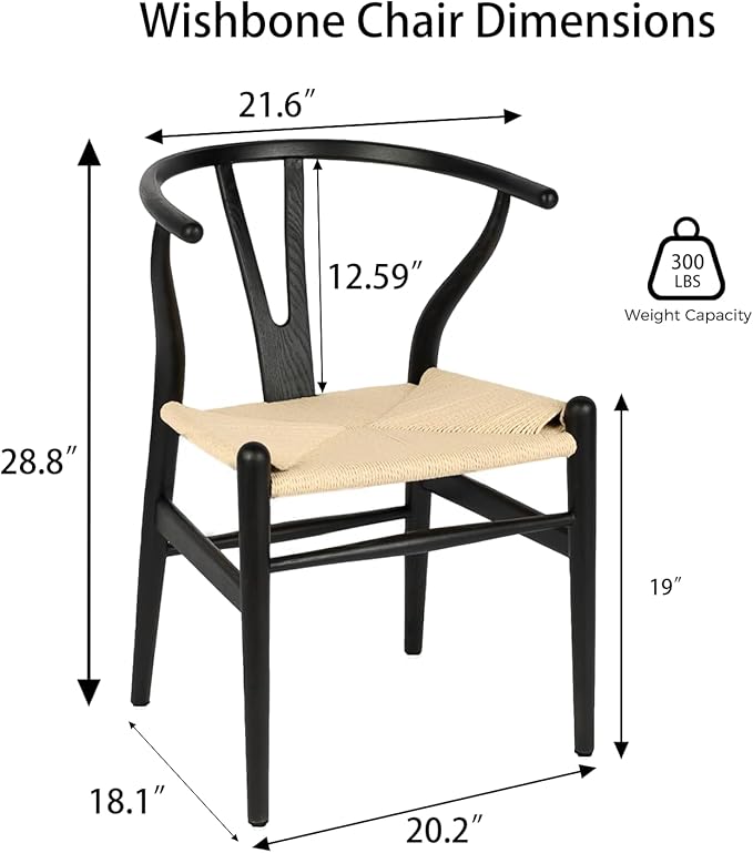 Tomile Solid Wood Wishbone Chair Y Chair Mid-Century Armrest Dining Chair, Hemp Seat (Ash-Black Frame + Natural Cord)