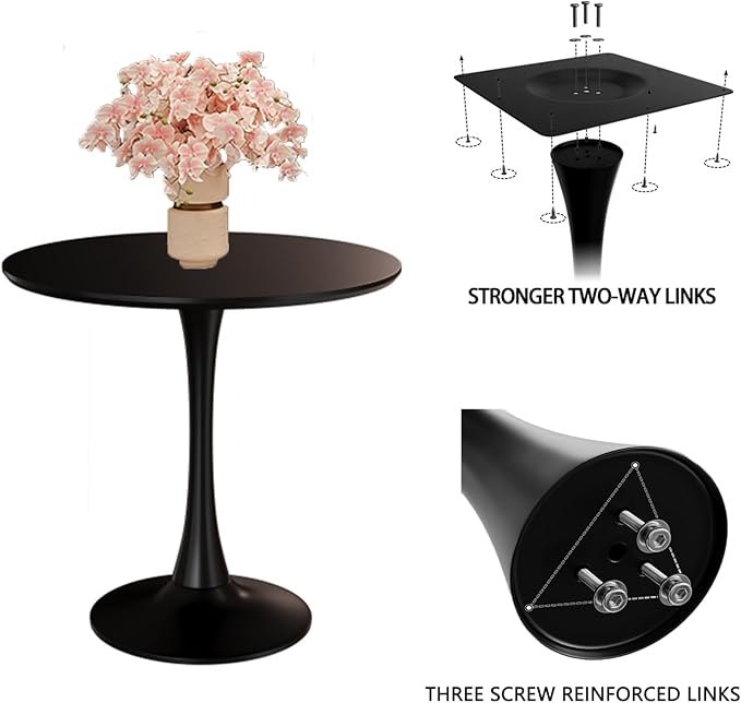 24" Tulip Table for 2-3 Persons Modern Round Dining Table, Mid-Century Dining Room Table Wooden MDF Circle Small Leisure Coffee Tables for Kitchen Living Room (Black, 24")