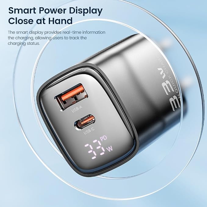 Tron 33W GaN Power Adapter Dual USB-C &amp USB-A Ports Universal Compatibility CNC Aluminum Construction AC 100-240V Input Digital DisplayTR14