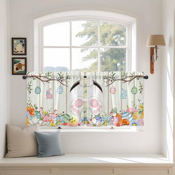 Easter Kitchen Tier Curtains 24 Inch Long 2 Panel Set, Rod Pocket Cafe Small