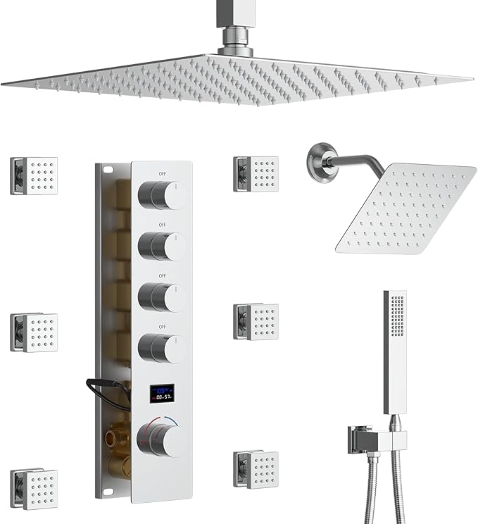 KATAIS Full Body Shower System Chrome Tempreature Display Shower Faucet Set with 12 inch and 8 inch Shower Head, with Handheld Spray and 6 PCS Body Jet