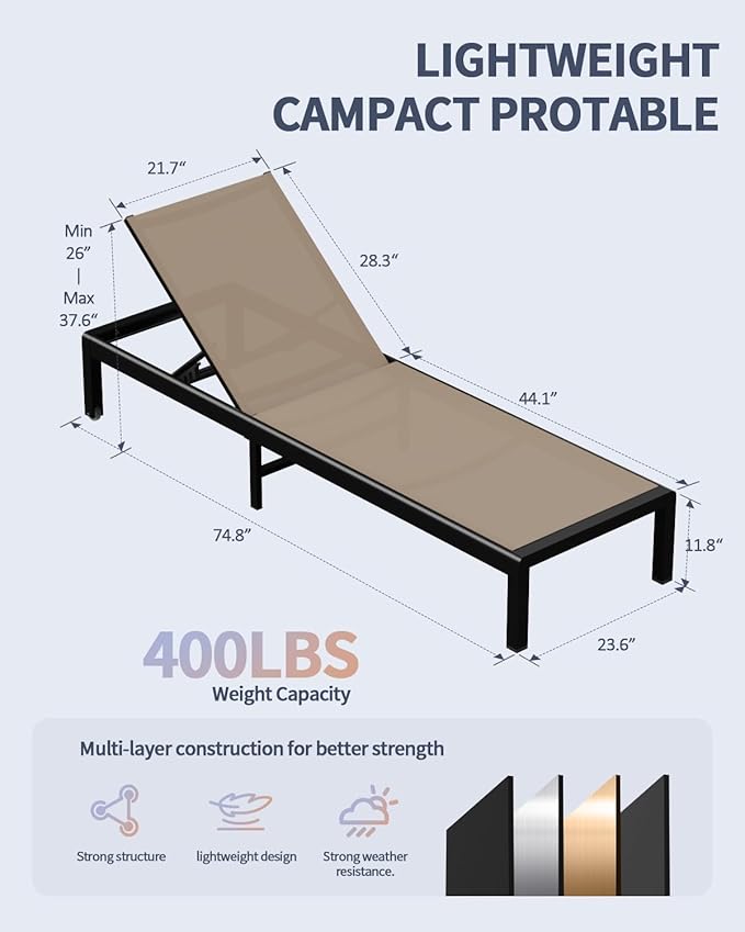 Aluminum Lounge Chairs Outdoor Chaise Furniture,2 Sets Patio Metal Deck Lounger Adjustable 5-Position Poolside Chase Recliner with Wheels for Beach,Coffee Table, (Khaki, 2 Chairs + Table)