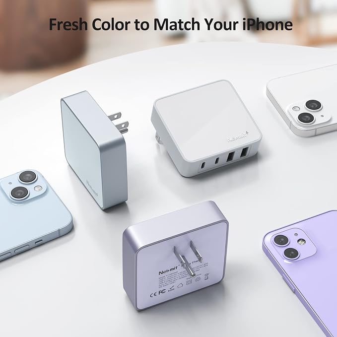 Nekmit USB C Charger Fast Thin Flat 52W 4-Port Wall Charger with Two 20W Power Delivery and 2 USB Port for iPhone 14/14 Pro/14 Pro Max Galaxy Pixel iPad Pro AirPods Pro and More Upgraded