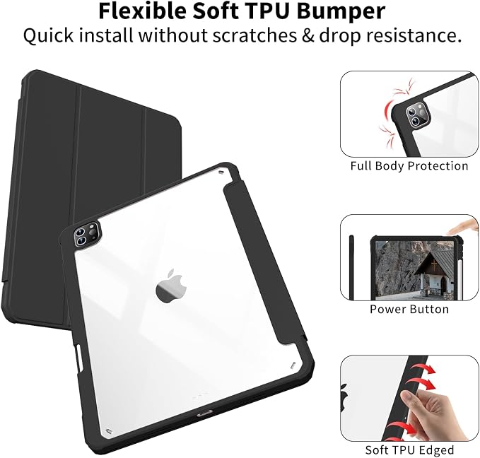 Clear Case for iPad Pro 12.9 inch 6th/5th/4th/3rd Gen 2022/2021/2020/2018 with Pencil Holder Lightweight Shockproof Trifold Stand Transparent Acrylic Back Cover Auto Wake/Sleep Black