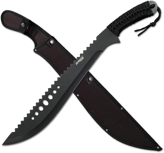 Jungle Master–Machete with Reverse Serrations–Black Stainless Steel Blade w/ Reverse Serrations,Full Tang,Cord Wrapped Handle,Nylon Sheath,Outdoor,Hunt,Camp,Hike,Survival,JM-031B 21-Inch Overall