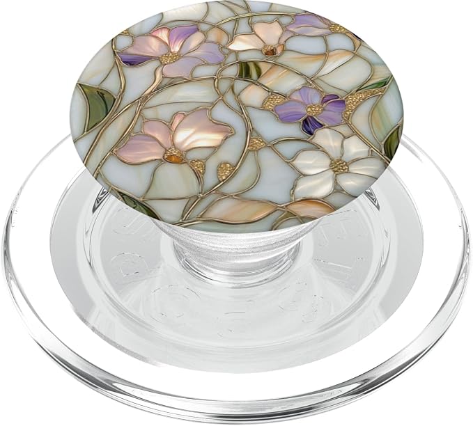 Stained Glass Floral Print with Purple Flowers PopSockets PopWallet for MagSafe