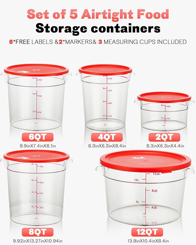 6QT NSF Round Food Storage Containers with Lids: 4 PCS [Total Food Grade][Hot&Cold Resistant] Dough Proofing Container for Pizza, Bread with Measuring Spoons Included(BPA FREE) (RED)