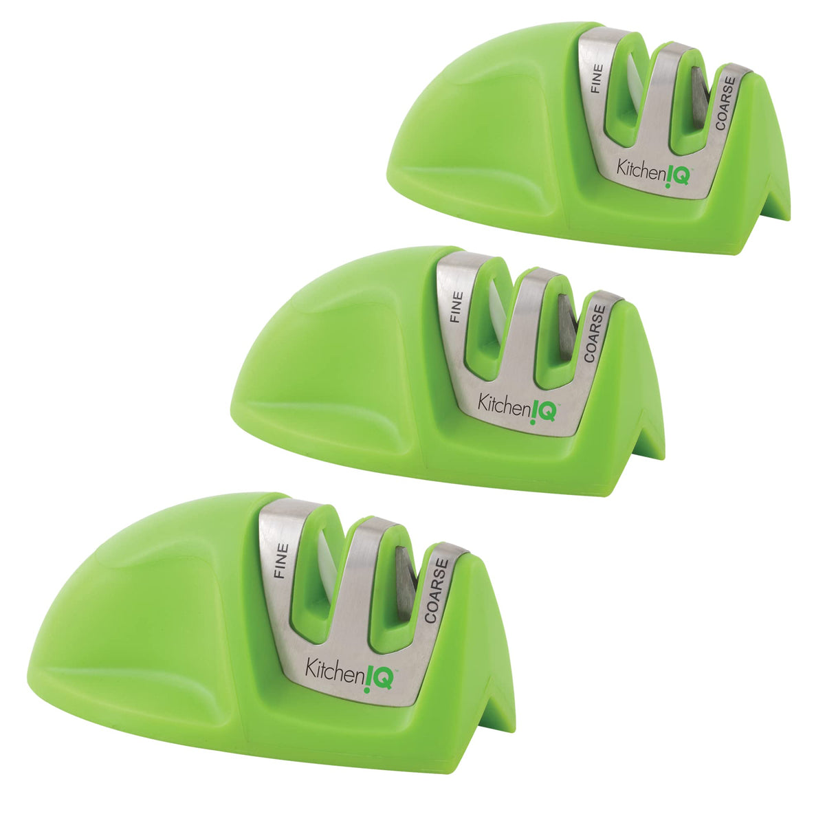 KitchenIQ 51422 | Edge Grip 2-Stage Knife Sharpener | Green – 3 Pack | Coarse & Fine Sharpener | Compact for Easy Storage | Stable Non-Slip Base | Soft Grip Rubber Handle | Straight & Serrated Knives