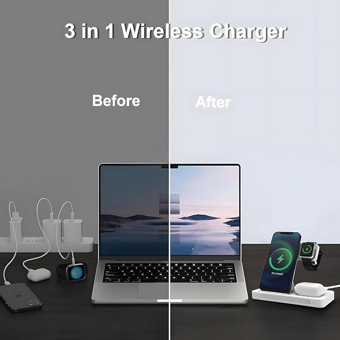 3-in-1 Wireless Charging Station with a Foldable Charging Base Compatible with Multiple Devices Featuring a 15W Fast-Charging Adapter Suitable for iPhone Apple Watch(Black)
