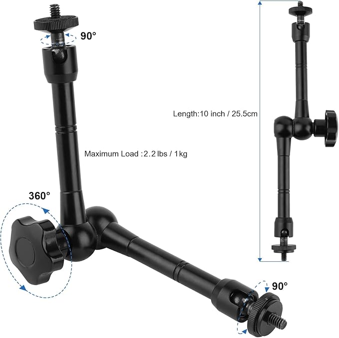 Mippko Camera Super Crab Clamp Mount,10" 360° Adjustable Aluminium Magic Arm Holder,1/4"-20 Thread for Video Light / Insta360 / Canon Nikon DSLR Cameras,Adapter for GoPro Hero 13/12/11/10/9/8/7/6/5