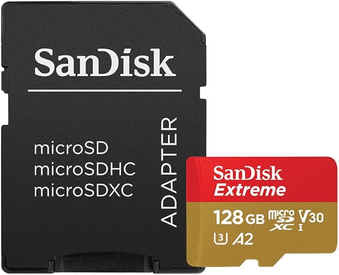 SanDisk 128GB Extreme microSDXC UHS-I Memory Card with Adapter - Up to 160MB/s, C10, U3, V30, 4K, A2, Micro SD - SDSQXA1-128G-GN6MA